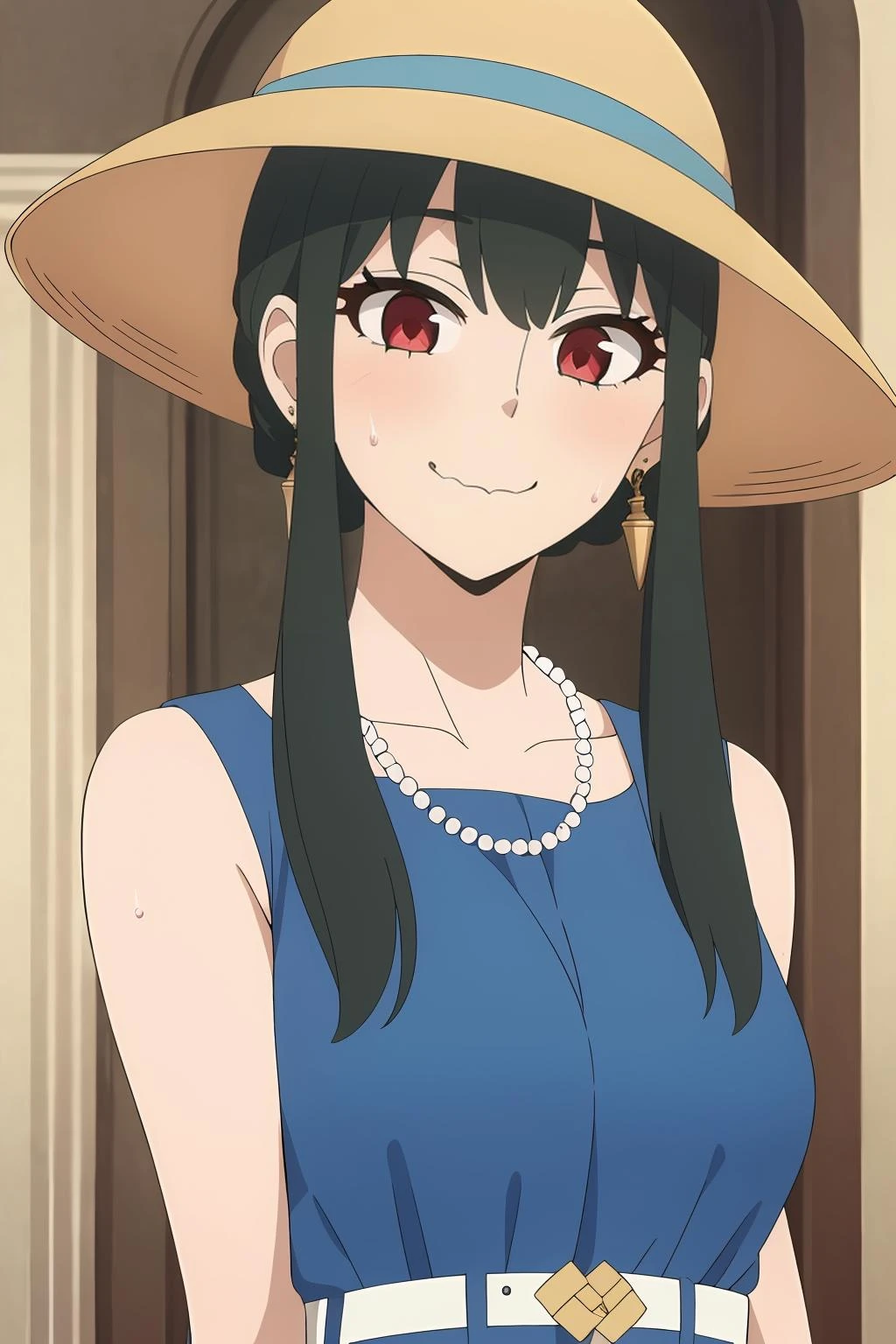 half-closed eyes,female ,wavy mouth,smile,sweating profusely,
<lora:约å°Â·ç¦æ°1V:0.7>,约å°Â·ç¦æ°,1girl,solo,earrings,short hair with long locks,green hair,black hair,red eyes,bangs,sidelocks,
pearl necklace,collarbone,blue dress,sleeveless dress,bare shoulders,white belt,jewelry,yor briar,hat flower,yellow headwear,sun hat,, Exquisite visuals, high-definition,masterpiece,best quality,, 18yo,Young female,Beautiful Fingers,Beautiful long legs,Beautiful body,Beautiful Nose,Beautiful character design, perfect eyes, perfect face,expressive eyes,
looking at viewer,
official art,extremely detailed CG unity 8k wallpaper, perfect lighting,Colorful, Bright_Front_face_Lighting,shiny skin,
(masterpiece:1.0),(best_quality:1.0), ultra high res,4K,ultra-detailed,
photography, 8K, HDR, highres, absurdres:1.2, Kodak portra 400, film grain, blurry background, bokeh:1.2, lens flare, (vibrant_color:1.2), (beautiful_face:1.5),(narrow_waist), ,NSFW,