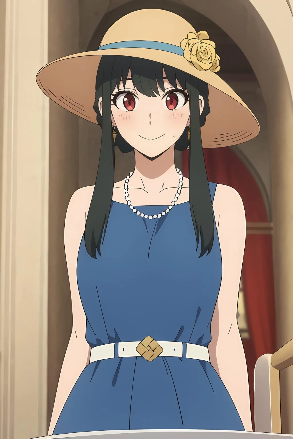 standing,nsfw,smile,blush,
<lora:约å°Â·ç¦æ°1V:0.7>,约å°Â·ç¦æ°,1girl,solo,earrings,short hair with long locks,green hair,black hair,red eyes,bangs,sidelocks,
pearl necklace,collarbone,blue dress,sleeveless dress,bare shoulders,white belt,jewelry,yor briar,hat flower,yellow headwear,sun hat,, Exquisite visuals, high-definition,masterpiece,best quality,, 18yo,Young female,Beautiful Fingers,Beautiful long legs,Beautiful body,Beautiful Nose,Beautiful character design, perfect eyes, perfect face,expressive eyes,
looking at viewer,
official art,extremely detailed CG unity 8k wallpaper, perfect lighting,Colorful, Bright_Front_face_Lighting,shiny skin,
(masterpiece:1.0),(best_quality:1.0), ultra high res,4K,ultra-detailed,
photography, 8K, HDR, highres, absurdres:1.2, Kodak portra 400, film grain, blurry background, bokeh:1.2, lens flare, (vibrant_color:1.2), (beautiful_face:1.5),(narrow_waist), ,NSFW,