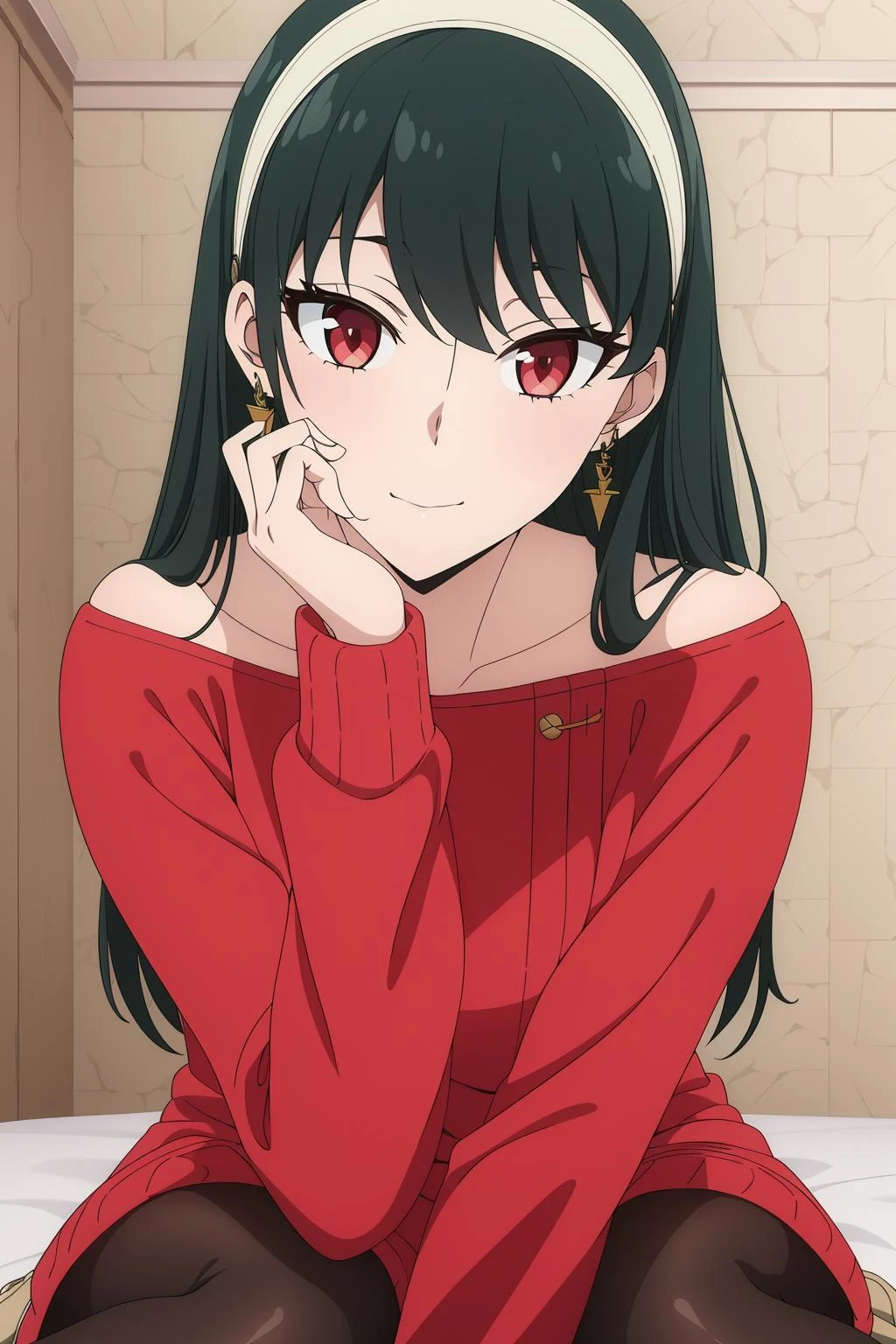 <lora:约å°4V:0.8>,约å°,1girl,solo,greeen hair,long hair,bangs,gold earrings,red eyes,sidelocks,
indoors,<lora:add_detail:0.3>,
红è£é²è,jewelry,white hairband,sweater dress,red sweater,collarbone,bare shoulders,off shoulder,black pantyhose,brown footwear,boots,high heels,v,, ,Young female,Beautiful Fingers,Beautiful long legs,Beautiful body,Beautiful Nose,Beautiful character design, perfect eyes, perfect face,expressive eyes,
official art,extremely detailed CG unity 8k wallpaper, perfect lighting,Colorful, Bright_Front_face_Lighting,shiny skin,
(masterpiece:1.0),(best_quality:1.0), ultra high res,4K,ultra-detailed,
photography, 8K, HDR, highres, absurdres:1.2, Kodak portra 400, film grain, blurry background, bokeh:1.2, lens flare, (vibrant_color:1.2), (beautiful_face:1.5),(narrow_waist), ,NSFW,, Exquisite visuals, high-definition,masterpiece,best quality,