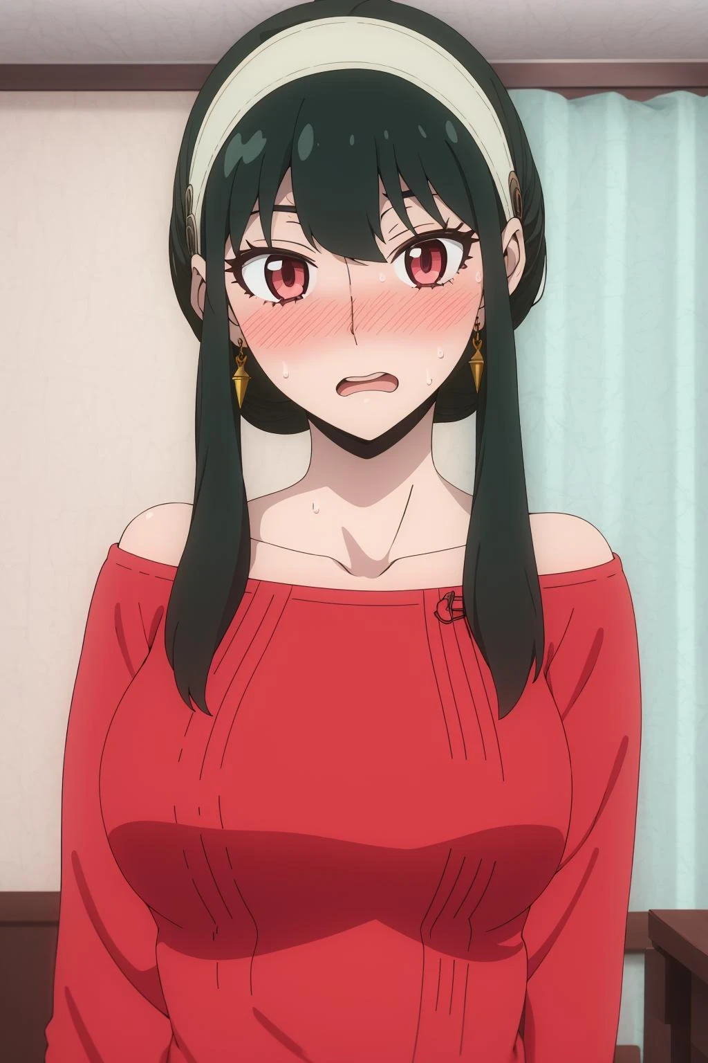<lora:约å°3V:1>,yor briar, 1girl, blush, black hair, hairband, jewelry, earrings, open mouth, solo, wide-eyed, sidelocks, red sweater, upper body, sweater, surprised, bangs, collarbone, off shoulder, white hairband, bare shoulders, indoors, long hair, gold earrings, sweat, looking at viewer, short hair with long locks, breasts, Exquisite visuals, high-definition,masterpiece,best quality,Exquisite visuals,high-definition,masterpiece,best quality,18yo,Young female,Beautiful Fingers,Beautiful long legs,Beautiful body,Beautiful character design,