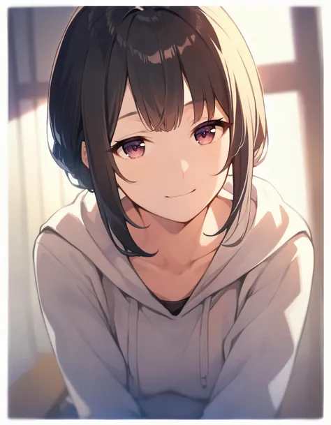 indoors, light smile