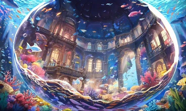 dark and unsettling dream showing submerged, deep dive, deep ocean, beautiful scene, aquatic, underwater, deep sea, dark, mysterious, eerie, coral reef, myriad fish, large round bubble, beautiful ornate building inside the bubble, colorful trees, grass, biome, best quality, extremely detailed, sharp intricate details, natural lighting, heavy shadows, lumen reflections. best quality, high resolution. created by genius but depressed mad artist. grim beauty, anime artwork submerged, deep dive, deep ocean, beautiful scene, aquatic, underwater, deep sea, dark, mysterious, eerie, coral reef, myriad fish, large round bubble, beautiful ornate building inside the bubble, colorful trees, grass, biome, best quality, extremely detailed, sharp intricate details, natural lighting, heavy shadows, lumen reflections . anime style, vibrant, studio anime, highly detailed