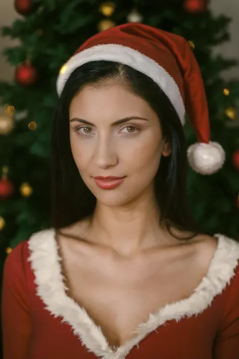 A stunning intricate full color portrait of a woman,wearing a red dresss, santa hat, epic character composition,by ilya kuvshinov, alessio albi, nina masic,sharp focus, natural lighting, subsurface scattering, f2, 35mm, film grain, <lora:yasmine:1>
