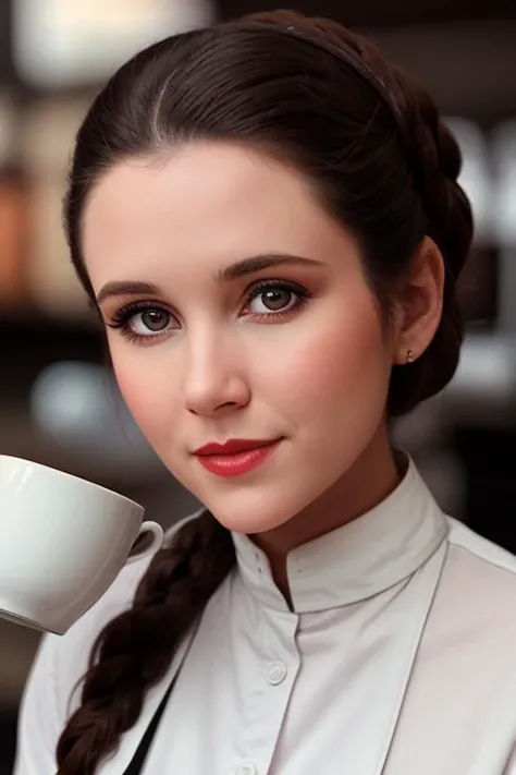 <lora:princessleia-v3:0.4>, princessleia,(epic) , photo of a woman, , ((barista uniform, barista outfit, apron, coffee shop, coffee cup)),smiling, (red lipstick, blush), ((best quality, masterpiece, extreme details, high resolution):1.2),((detailed eyes, beautiful eyes, detailed face, beautiful face):1.2)