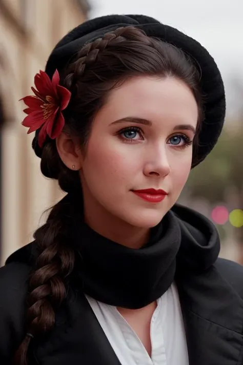<lora:princessleia-v3:0.4>, princessleia,(epic) , photo of a woman, ((hair tied back, hair in bun, dark brown hair)), ((outdoors, medieval city, scarf, black coat, flower hat, flowers)),smiling, (red lipstick, blush), ((best quality, masterpiece, extreme details, high resolution):1.2),((detailed eyes, beautiful eyes, detailed face, beautiful face):1.2)