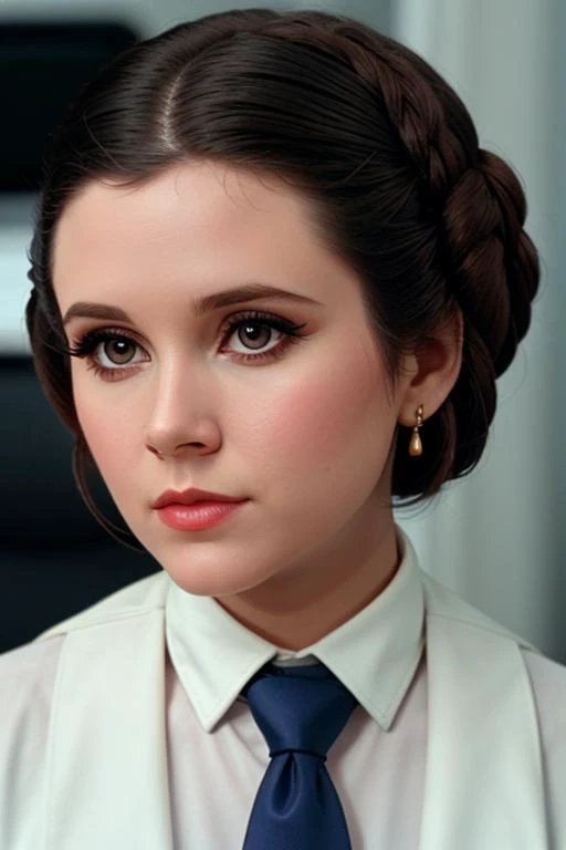 <lora:princessleia-v3:0.4>, princessleia,(epic) ,photo of a woman, , perfect hair, beautiful perfect skin, ((busy office)), (modern photo, necktie, shirt), 24mm, (analog, cinematic, film grain:1.3), , detailed eyes, (upper body), (looking at viewer), earrings, (eyeliner, eyelashes)