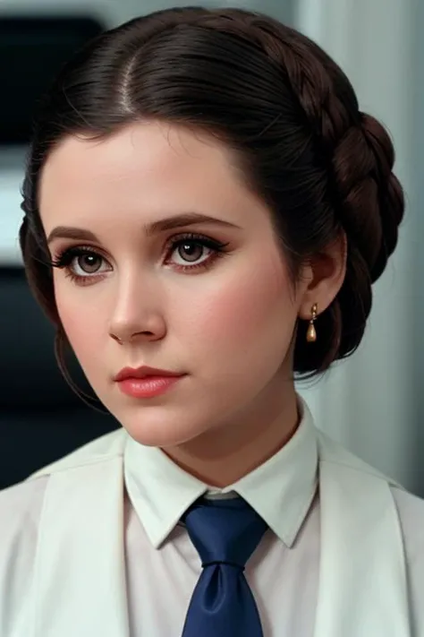 <lora:princessleia-v3:0.4>, princessleia,(epic) ,photo of a woman, , perfect hair, beautiful perfect skin, ((busy office)), (modern photo, necktie, shirt), 24mm, (analog, cinematic, film grain:1.3), , detailed eyes, (upper body), (looking at viewer), earrings, (eyeliner, eyelashes)
