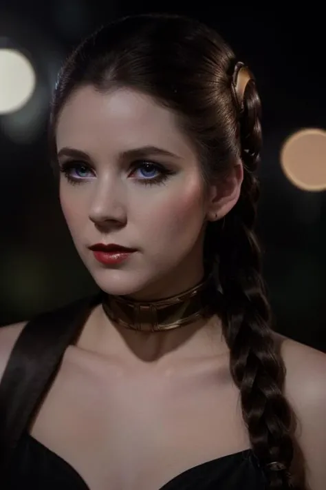 <lora:princessleia-05:0.4>, princessleia, , photo of a woman, (smug, horny), masterpiece, best quality, 1girl, solo, ((long single braid)), ((pale skin)), ((red lipstick, eyeliner, eye shadow, blush)), ((fancy scifi dress)), ((walking, outdoors, detailed scifi city, colorful lights, sunrise):1.2), ((brass choker, elbow gloves, thighhighs)), ((beautiful eyes, detailed eyes, beautiful face, detailed face):1.2), ((best quality, masterpiece, extreme details, high resolution):1.2)