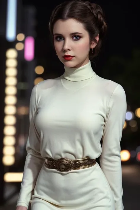 <lora:princessleia-05:0.4>, princessleia, , photo of a woman, (smug, horny), masterpiece, best quality, 1girl, solo, ((double bun hair, side buns):1.1), ((pale skin)), ((red lipstick, eyeliner, eye shadow, blush)),((cowboy shot, waist, hips, thighs):1.2), ((white turtleneck dress):1.2), ((walking, outdoors, detailed scifi city, colorful lights, at night):1.2), ((beautiful eyes, detailed eyes, beautiful face, detailed face):1.2), ((best quality, masterpiece, extreme details, high resolution):1.2)