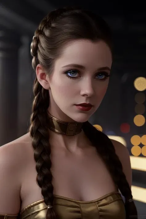 <lora:princessleia-07:0.6> , princessleia, , photo of a woman,masterpiece, best quality, 1girl, solo, ((long single braid)), ((pale skin)), ((red lipstick, eyeliner, eye shadow, blush)), ((fancy scifi dress)), ((walking, outdoors, detailed scifi city, colorful lights, sunrise):1.2), ((brass choker, elbow gloves, thighhighs)), ((beautiful eyes, detailed eyes, beautiful face, detailed face):1.2), ((best quality, masterpiece, extreme details, high resolution):1.2)