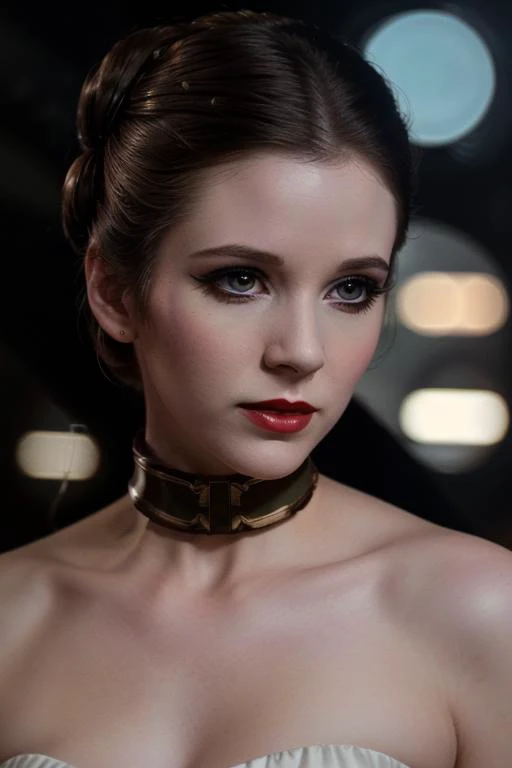 <lora:princessleia-07:0.6> , princessleia, , photo of a woman,masterpiece, best quality, 1girl, solo, ((hair up, hair in buns)), ((pale skin)), ((red lipstick, eyeliner, eye shadow, blush)), ((fancy scifi dress)), ((walking, outdoors, detailed scifi city, colorful lights, sunrise):1.2), ((brass choker, elbow gloves, thighhighs)), ((beautiful eyes, detailed eyes, beautiful face, detailed face):1.2), ((best quality, masterpiece, extreme details, high resolution):1.2)