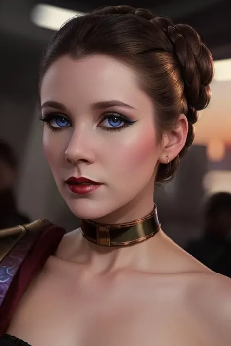 <lora:princessleia-07:0.6> , princessleia, , photo of a woman,masterpiece, best quality, 1girl, solo, ((hair up, hair in buns)), ((pale skin)), ((red lipstick, eyeliner, eye shadow, blush)), ((fancy scifi dress)), ((walking, outdoors, detailed scifi city, colorful lights, sunrise):1.2), ((brass choker, elbow gloves, thighhighs)), ((beautiful eyes, detailed eyes, beautiful face, detailed face):1.2), ((best quality, masterpiece, extreme details, high resolution):1.2)
