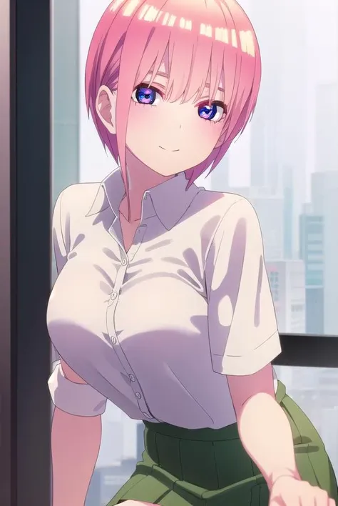 ichikanakano, ichika nakano, short hair, bangs, blue eyes, hair between eyes, pink hair, smile,
BREAK  flight attendant uniform, secretary uniform, unbuttoned, big , lots of cleavage, unbuttoned blouse, nipples poking through blouse, no bra or underwear 
BREAK indoors, classroom,
BREAK looking at viewer, (cowboy shot:1.5),
BREAK (masterpiece:1.2), best quality, high resolution, unity 8k wallpaper, (illustration:0.8), (beautiful detailed eyes:1.6), extremely detailed face, perfect lighting, extremely detailed CG, (perfect hands, perfect anatomy),