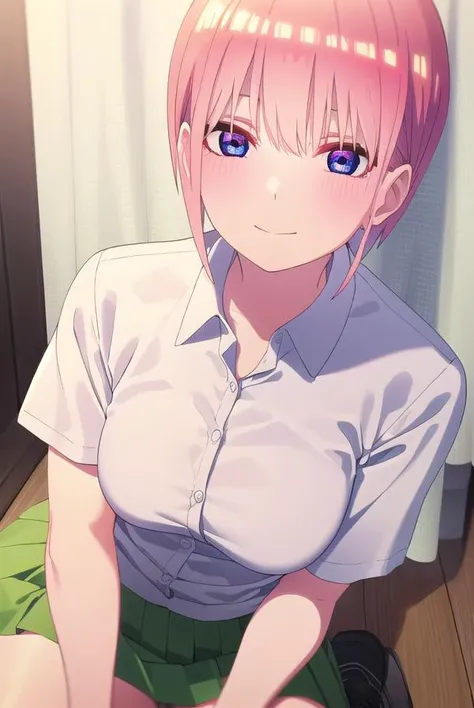 ichikanakano, <lora:ichika nakano s2-lora-nochekaiser:1>,
ichika nakano, short hair, bangs, blue eyes, hair between eyes, pink hair, smile,
BREAK skirt, shirt, school uniform, white shirt, short sleeves, pleated skirt, shoes, socks, collared shirt, black footwear, sweater, white socks, (green skirt:1.5), loafers, clothes around waist,
BREAK indoors, classroom,
BREAK looking at viewer, (cowboy shot:1.5),
BREAK <lyco:GoodHands-beta2:1>, (masterpiece:1.2), best quality, high resolution, unity 8k wallpaper, (illustration:0.8), (beautiful detailed eyes:1.6), extremely detailed face, perfect lighting, extremely detailed CG, (perfect hands, perfect anatomy),