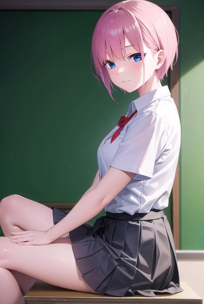 ichikanakano, <lora:ichikanakano-lora-nochekaiser:1>,
ichika nakano, short hair, bangs, blue eyes, hair between eyes, pink hair, <lora:sensualface_type1:1>, smile,
BREAK skirt, shirt, school uniform, white shirt, short sleeves, pleated skirt, shoes, socks, collared shirt, black footwear, sweater, white socks, green skirt, loafers, clothes around waist,
BREAK looking at viewer, fully body, upper body,
BREAK indoors, classroom,
BREAK <lyco:GoodHands-beta2:1>, (masterpiece:1.2), best quality, high resolution, unity 8k wallpaper, (illustration:0.8), (beautiful detailed eyes:1.6), extremely detailed face, perfect lighting, extremely detailed CG, (perfect hands, perfect anatomy),