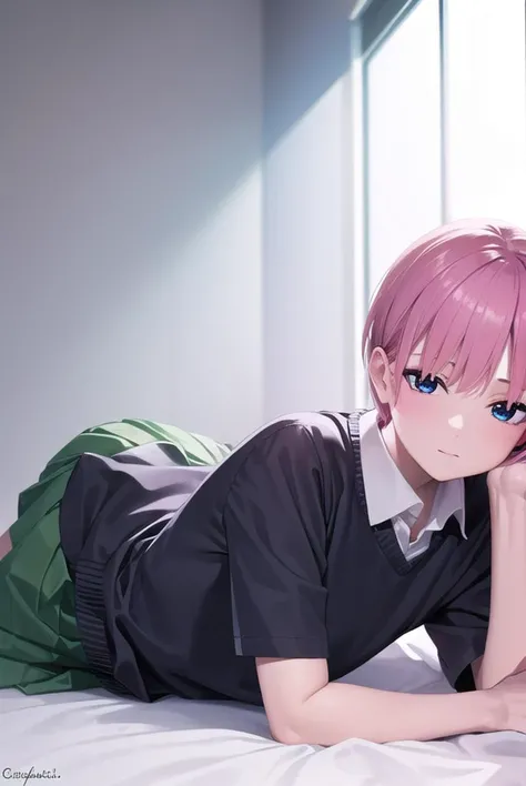 ichikanakano, <lora:ichikanakano-lora-nochekaiser:1>,
ichika nakano, short hair, bangs, blue eyes, hair between eyes, pink hair, <lora:sensualface_type1:1>, smile,
BREAK skirt, shirt, school uniform, white shirt, short sleeves, pleated skirt, shoes, socks, collared shirt, black footwear, sweater, white socks, green skirt, loafers, clothes around waist,
BREAK looking at viewer, fully body, upper body,
BREAK indoors, classroom,
BREAK <lyco:GoodHands-beta2:1>, (masterpiece:1.2), best quality, high resolution, unity 8k wallpaper, (illustration:0.8), (beautiful detailed eyes:1.6), extremely detailed face, perfect lighting, extremely detailed CG, (perfect hands, perfect anatomy),