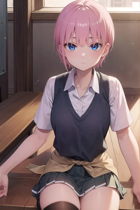 ichikanakano, <lora:ichikanakanotest:1>, ichika nakano, short hair, bangs, blue eyes, hair between eyes, pink hair,
BREAK skirt, shirt, school uniform, white shirt, short sleeves, pleated skirt, shoes, socks, collared shirt, black footwear, sweater, white socks, green skirt, loafers, clothes around waist,
BREAK indoors, classroom,
BREAK looking at viewer, BREAK <lora:GoodHands-vanilla:1>, (masterpiece:1.2), best quality, high resolution, unity 8k wallpaper, (illustration:0.8), (beautiful detailed eyes:1.6), extremely detailed face, perfect lighting, extremely detailed CG, (perfect hands, perfect anatomy),