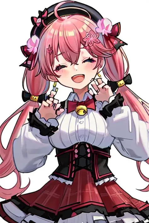 1girl, sakura miko, virtual youtuber, solo, hat, long hair, shirt, bell, ahoge, hair ornament, closed eyes, claw pose, twintails, skirt, pink hair, white shirt, open mouth, white background, red skirt, black headwear, plaid, long sleeves, collared shirt, plaid skirt, smile, simple background, jingle bell, frills, blush, hairclip, bow, beret, pink nails, neck bell, breasts, corset, low twintails, detached sleeves, upper body, nail polish, bowtie, animal hat, official alternate costume, red bow, facing viewer, bangs, hair flower, red bowtie, flower <lora:mikomikoskin:0.8>