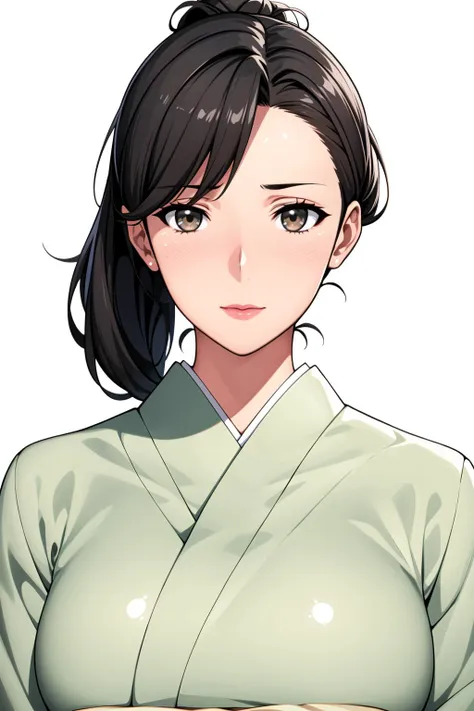 Simple White Background,
Green_japanese clothes,kimono, yakata,
<lora:Mrs_Yukinoshita_OreGairu-KK77-V1:0.7>,
low_ponytail,brown eyes,brown hair, bangs,Hair_bun,
<lora:Oda_Non_Style-KK77-V2:0.3>,<lora:more_details:0.1>,
1 girl, 20yo,Young female,Beautiful Finger,Beautiful long legs,Beautiful body,Beautiful Nose,Beautiful character design, perfect eyes, perfect face,expressive eyes,perfect balance,
looking at viewer,(Focus on her face),closed mouth, (innocent_big_eyes:1.0),(Light_Smile:0.3),
official art,extremely detailed CG unity 8k wallpaper, perfect lighting,Colorful, Bright_Front_face_Lighting,White skin,
(masterpiece:1.0),(best_quality:1.0), ultra high res,4K,ultra-detailed,
photography, 8K, HDR, highres, absurdres:1.2, Kodak portra 400, film grain, blurry background, bokeh:1.2, lens flare, (vibrant_color:1.2),professional photograph,
(Beautiful,large_Breasts:1.4), (beautiful_face:1.5),(narrow_waist),