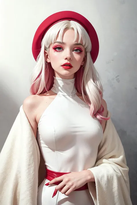 An ethereal albino pop artist in a red sleek futuristic outfit, with a wool beret, light makeup with depth of field, fantastical edgy and regal themed outfit, captured in vivid colors, embodying the essence of fantasy, minimalist, photography 8K resolution image.