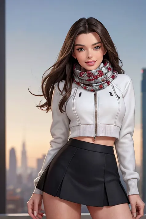 photo of S274_MorganAlexandra,a stunning woman,in a (frosty-city),wearing a (jacket:1.1),(scarf:1.1),(skirt),smiling,(4k, RAW photo, best quality, depth of field, ultra high res:1.1),(absurdres, intricate, photorealistic, masterpiece, ultra-detailed:1.1),