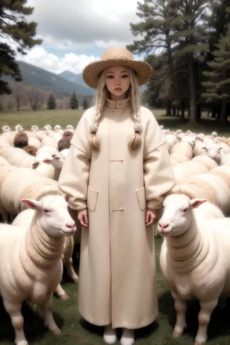 albino-Asian model, thick, wild, giant albino-beige wool dreadlocks. very large, thick, beige woolly sheepâs clothes. surrounded by sheep and Big wool trees. Everything is made out of sheepâs wool. Model matches the sheep. Mountain top