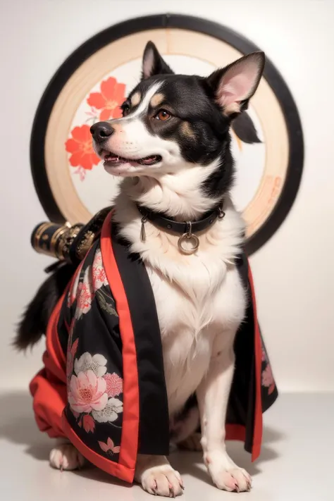 there is a dog with a fish and a sword on a white background, samurai dog, dog warrior, armored dog, anthropomorphic dog ninja, samurai deity with koi armor, by KanÅ Tan'yÅ«, highly detailed and colored, in the art style of ukiyo - e, inspired by Utagawa Kuniyoshi