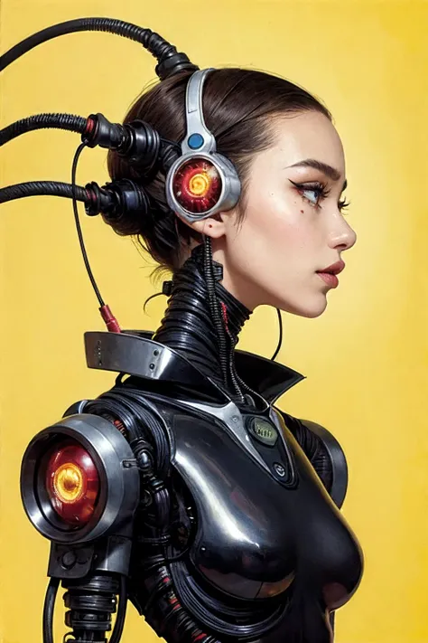 profile Photography, in front of a yellow wall, an asian cyborg woman head without body, connected by cables, twisted cables and wires and LED, atractive eyes body punk PLC Robots with silver motor head, with ray guns, 80 degree view, art by Sergio Lopez, Natalie Shau, James Jean and Salvador Dali, (yellow background:1.5)