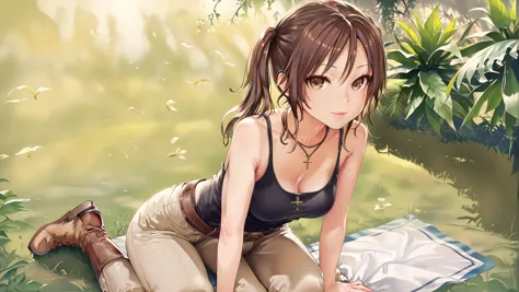 score_9, score_8_up, score_7_up, score_6_up, <lora:Style_Asanagi_XL_ff:0.8>,, 1girl, <lora:LaraCroftTanktop:0.8>, 1girl, medium breasts, brown hair, brown eyes, ponytail, lips, jewelry, necklace, tank top, pants, belt, bare shoulders, boots, twintails, thighhighs, She sits cross-legged on a mat, her hands resting on her knees, Lips part slightly, and the expression is one of mild annoyance., A flock of crows caws loudly as they circle a scarecrow in a field.,, big breasts, slim body, (an extremely delicate and beautiful), kawaii, cute, small face, large breasts,, (HQ, masterpiece, best quality, ultra-detailed), cinematic lighting, Intricate, High Detail, Sharp focus, dramatic, masterpiece, best quality, ultra-detailed, detailed, detailed body, detailed face, good anatomy, perfect hands, perfect fingers, perfect face, perfect human body,,
