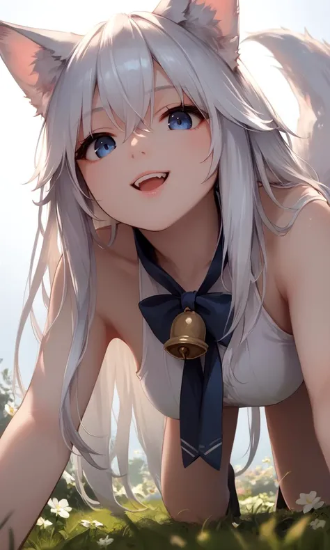 best quality, (masterpiece:1.2), detailed, middle Ages,
Sistine Faber,
1 girl, alone, open mouth, faint smile, blush,
long hair, gray hair, green eyes, blue headband, animal ears,
(micro bikini:1.4), blue collar, 
Permanently installed, from angle, looking at the audience,
Outdoor activities, castle