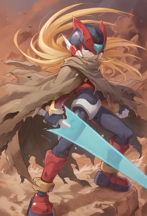 (score_9:0.9),score_8_up,score_7_up,anime style,rating_safe,1boy,holding weapon,looking at viewer,Zero (Rockman Zero),serious,<lora:Zero (Rockman Zero) ponyXL v3:0.97>,mechabare,damaged helmet,torn cape,desert,male focus,cover_mouth,android,<lora:huge_weapon_pony:0.9>,huge_weapon,holding sword,energy sword,