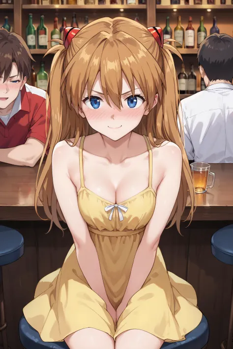 score_9, score_8_up, score_7_up, score_6_up,source_anime, (1girl, 3boys, flirting,lust,full-face blush, smile, looking at boys:1.4, in bar,) 
,<lora:asuka-langley-soryu-rebuild-ponyxl-lora-nochekaiser:0.8>,asuka langley soryu, long hair, bangs, blue eyes, brown hair, hair ornament,
dress, cleavage, yellow dress, sundress, collarbone, bare shoulders,