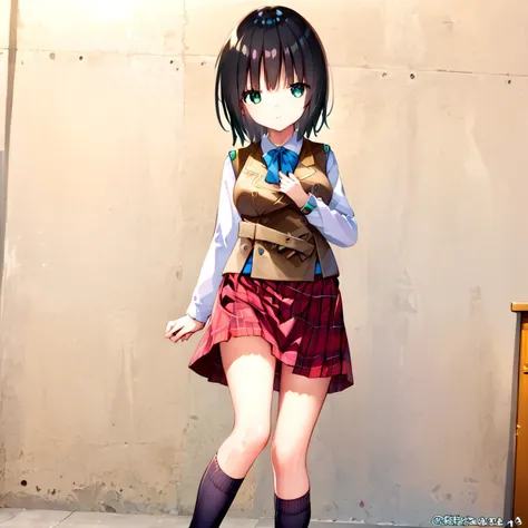 <lora:aoi-21:1>,hbr_aoi,green eyes,black hair, short hair, socks, kneehighs, school uniform, plaid, plaid skirt, breasts, vest, green eyes, solo, standing, blue eyes,  black socks, bangs, long sleeves,