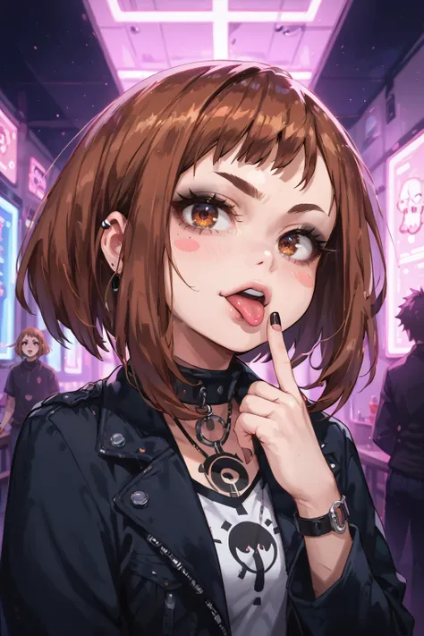 score_9, score_8_up, score_7_up, score_6_up,source_anime,
,<lora:g0th1cPXL:0.8>,g0thicPXL, glowing, neon,
,<lora:ochako-uraraka-ponyxl-lora-nochekaiser:0.8>,ochako uraraka, brown eyes, brown hair, short hair, blush, blush stickers, middle finger, tongue out, club, emo, goth, black makeup, dark eyeliner,
