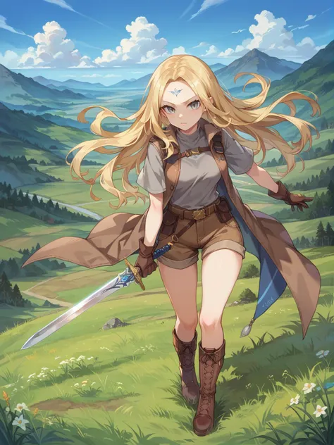 score_9, score_8_up, score_7_up, source_anime, 1girl, gray tee shirt, brown vest, brown cargo shorts, brown boots, brown gloves, long blonde hair, gray eyes, blue x-shaped forehead tattoo, holding a sword, grassy field, hills, windy, diadem, dragon in the background,