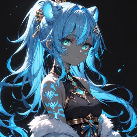 embedding:PonyScores7, solo, two-tone hair, darkslateblue hair, deepskyblue hair, Ponytail, turquoise eyes, cyan glowing tiger tattoo, (luminous) <lora:Concept\g1owingtatt00:0.8>, Slightly parted lips, (black background), glow, neon,monochrome <lora:Style\Monochrome_Neon_Glow_Style:0.9>