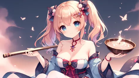 score_9, score_8_up, score_7_up, score_6_up,  <lora:Cute_Anime_Style:0.8>,, 1girl, 1girl, tachibana hinano \(vtuber\), vspo!, twintails, thighhighs, Perform at the folk festival in a traditional costume with a folk instrument, Morose: A gloomy and downcast expression, often with a downturned mouth., Witch's Spellcasting Den with Cauldrons and Spellbooks,, big breasts,  slim body, (an extremely delicate and beautiful), kawaii, cute, small face, large breasts,, (HQ, masterpiece, best quality, ultra-detailed),  cinematic lighting, Intricate, High Detail, Sharp focus, dramatic, masterpiece, best quality, ultra-detailed, detailed, detailed body, detailed face, good anatomy, perfect hands, perfect fingers, perfect face, perfect human body,,