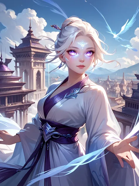 score_9, score_8_up, score_7_up, score_6_up, <lora:Siaolan_mage:0.9> white hair, glowing eyes, elegant, facial mark, jewelry, hair bun, purple eyes, floating, thunder, magical clouds, ancient city, from front, flying,