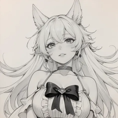 score_9, score_8_up, score_8, score_7_up, score_7, masterpiece, monochrome, high quality, best quality, high resolution, highly detailed, beautiful detailed eyes, <lora:Traditional slider pony xl:-1.5> traditional art, lineart, <lora:lv2supercheatpowers_fenrys_ponyXL:1> lv2fenrys, white hair, animal ears, pointy ears, large breasts, white dress, sleeveless dress, waist bow, black bow, choker, wristband, bare shoulders, collarbone, cleavage