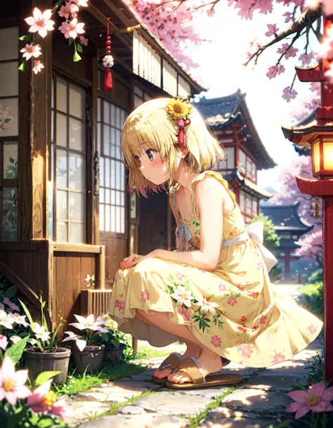 (score_9_up, score_8_up, score_7_up, ASCII score_9), (masterpiece, aesthetic, best quality), (noise, film grain, cinematic lighting, depth of field), (perfect anatomy, detailed background), 1girl <lora:ogipote+PDXL1-000010:1> ogipote+, outdoors, lens flare, grass, tree, sidewalk, cherry blossoms, petals, path way, road, squatting, from side, looking down, looking at flower, flower, sundress, slippers, Low Chignon with Flower Accessories, black eyes
