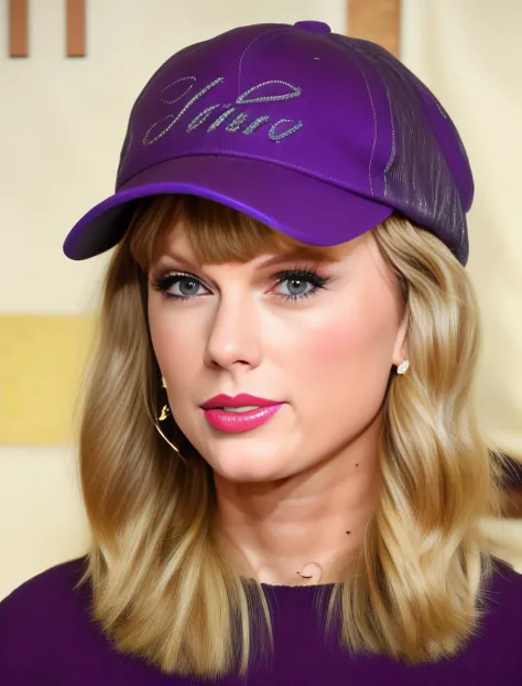 TaylorSwift, photograph, Cosy, Delightful Timeless Female and Alicia Florrick, electric purple Trucker hat, short lighting, film grain, Fuji superia 400, 80mm, Colorful, <lora:TaylorSwiftSD1.5:1>