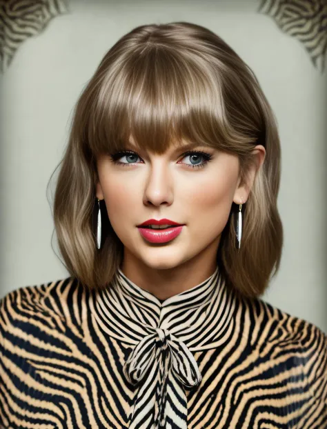 TaylorSwift, (art by Lewis Morley:0.9) , photograph, stylized, Refreshing Maori Woman, Coaching, wearing Kashmir, dslr, F/2.8, zebra print color grading, <lora:TaylorSwiftSD1.5:1>