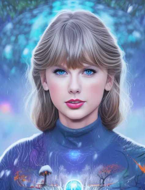 TaylorSwift, art by Magali Villeneuve, fantasy 90s illustration style of a Foolish Contemporary Girl, Weaver, Contrapposto, inside a Biosphere, Urban hillside, Snowing, Bokeh, Glitchcore, Azure sky, electric orange dust particles, <lora:TaylorSwiftSD1.5:1>