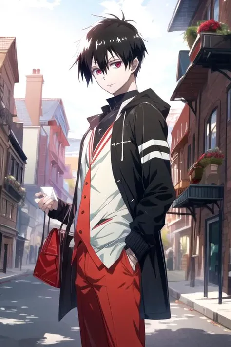 masterpiece, best quality, , 1boy, solo, male focus, looking at viewer, , , anime coloring, realistic, <lora:staz_charlie_blood:0.80>, staz_charlie_blood, black hair, red eyes, bags under eyes, decade costume, Fairyland: A place where fairies and other magical creatures live,