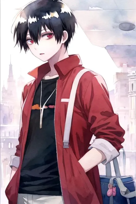 masterpiece, best quality, movie still, 1boy, solo, male focus, looking at viewer, , , (watercolor illustration, soft pastel colors:1.1), realistic, <lora:staz_charlie_blood:0.66>, staz_charlie_blood, black hair, red eyes, bags under eyes, , science fiction horror,