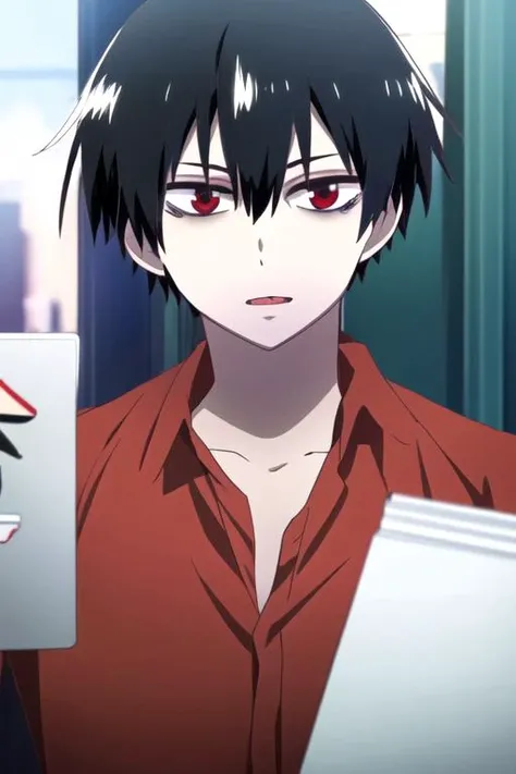 masterpiece, best quality, illustration, 1boy, solo, male focus, looking at viewer, , depth of field, ligne claire, , <lora:staz_charlie_blood:0.82>, staz_charlie_blood, black hair, red eyes,