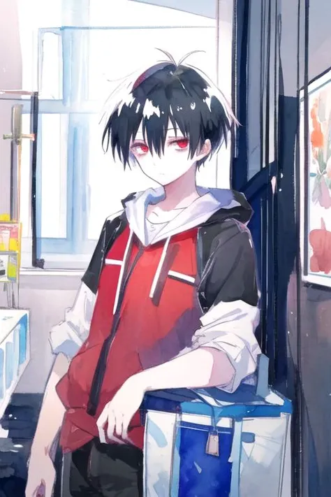 masterpiece, best quality, sketch, 1boy, solo, male focus, looking at viewer, , , (watercolor illustration, soft pastel colors:1.1), , <lora:staz_charlie_blood:0.80>, staz_charlie_blood, black hair, red eyes, bags under eyes, viking costume, hospital, HDR
