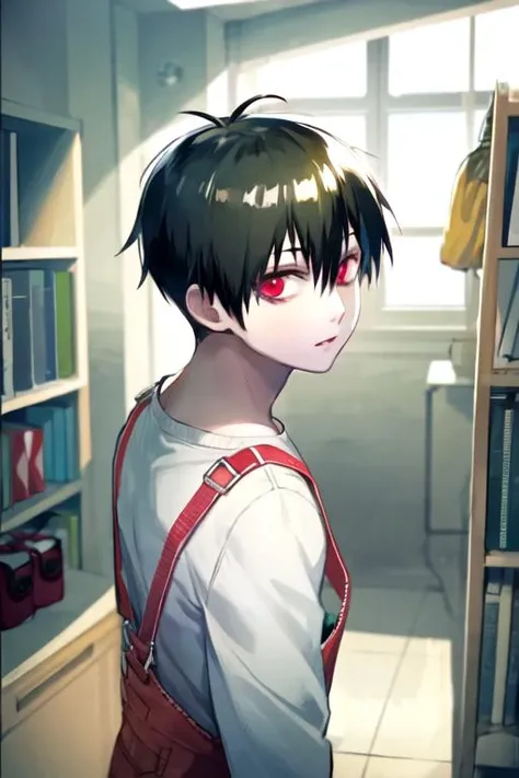 masterpiece, best quality, photorealistic, 1boy, solo, male focus, looking at viewer, , depth of field, , , <lora:staz_charlie_blood:0.78>, staz_charlie_blood, black hair, red eyes, bags under eyes, overalls, , science fiction cyber-noir, High resolution