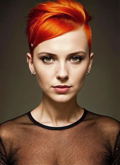 portrait of sks woman by Flora Borsi, style by Flora Borsi, bold, bright colours, orange Mohawk haircut, ((Flora Borsi)), <lora:lora_millie_v2_from_v2_160:1>