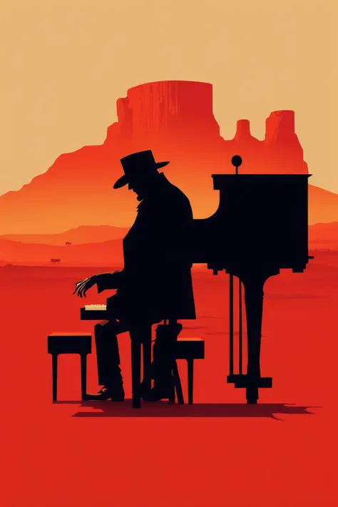 <lora:Olly Moss Style:1>Olly Moss Style - Minimalism, a saloon pianist with a bowler hat, dimly lit saloon background, warm colors, Sergio Leone, in the style of red dead redemption 2 artwork